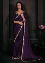 Georgette Satin Purple Wedding Wear Zircon Work Saree